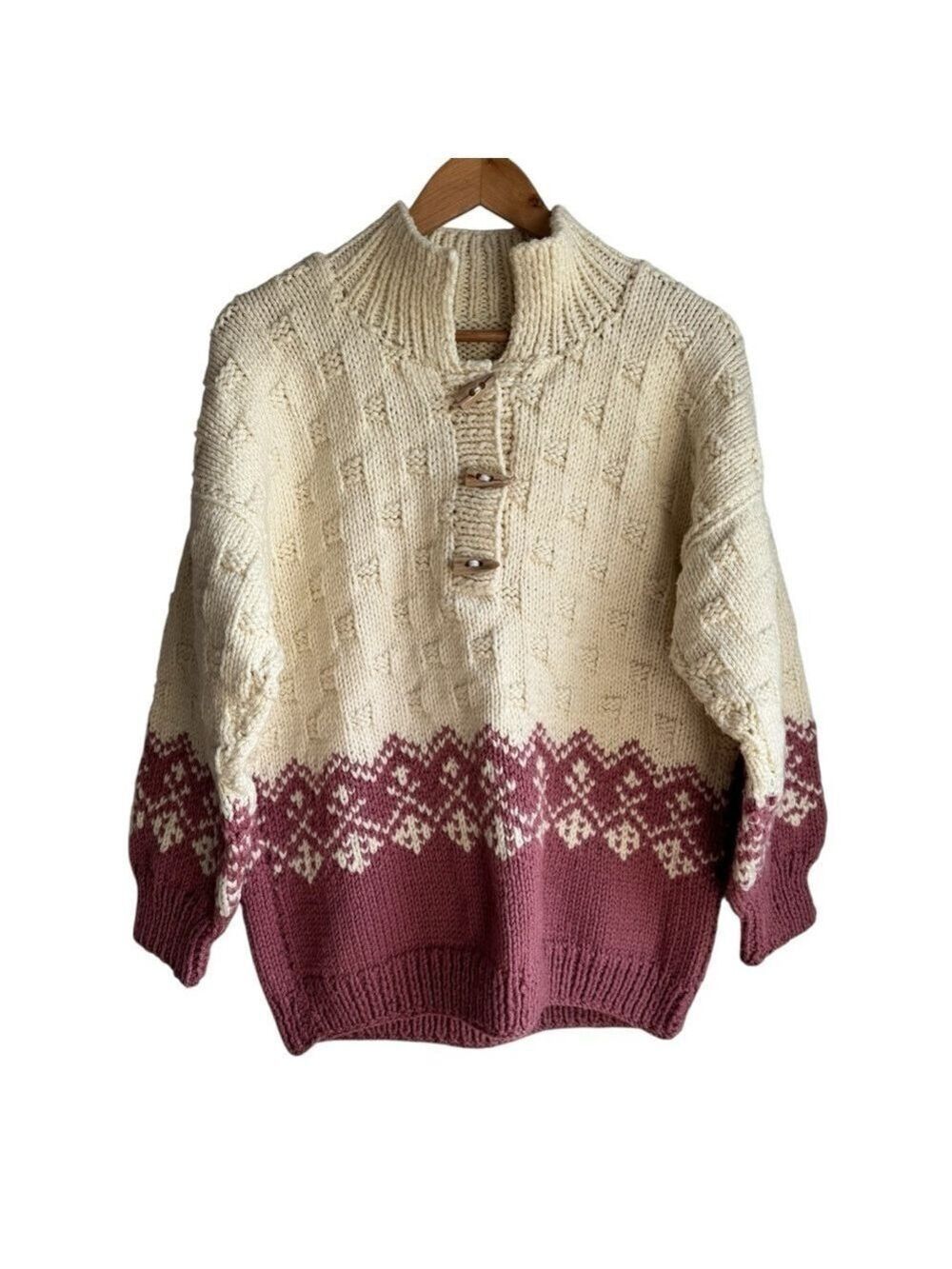 Handmade Chunky Knit Pullover Sweater M/L Cream Pink Fisherman Nordic Cozy VGUC